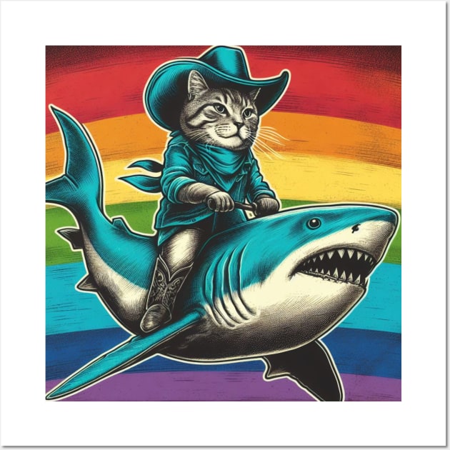 Cat Riding a Shark Wall Art by DarkWave